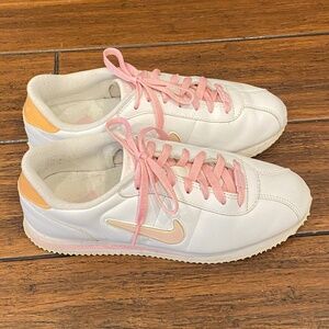 Nike White and Pink Cortez Sneakers